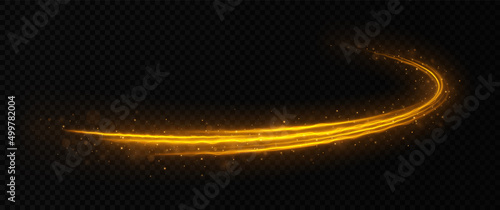 Glowing fire lines effect. Golden, glittering magic gold particles isolated on transparent background. Sparkling wavy light effect.