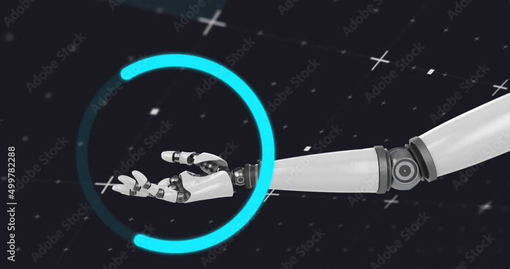 Image of moving circle and robotic arm on black background Image of moving circle and robotic arm on black background