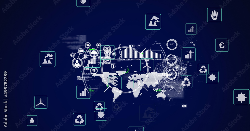 Image of scope scanning over financial data processing on blue background Image of scope scanning over financial data processing on blue background
