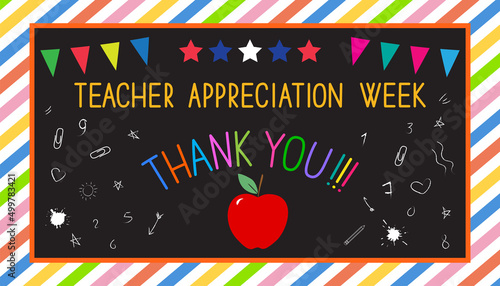 Teacher appreciation week concept. Text Thank you, stars, red apple on black school board with colorful striped frame.
