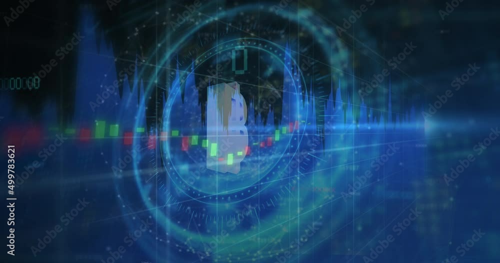 Animation of bitcoin symbol over data processing Animation of bitcoin symbol over data processing