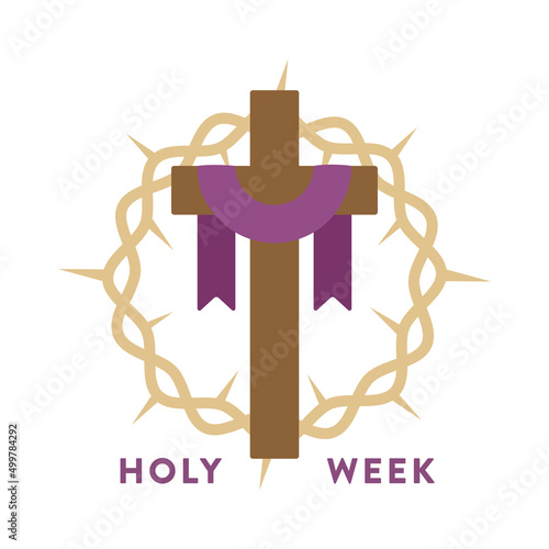 Christian cross with purple fabric and Crown of thorns. Holy Week. Vector illustration, flat design photo