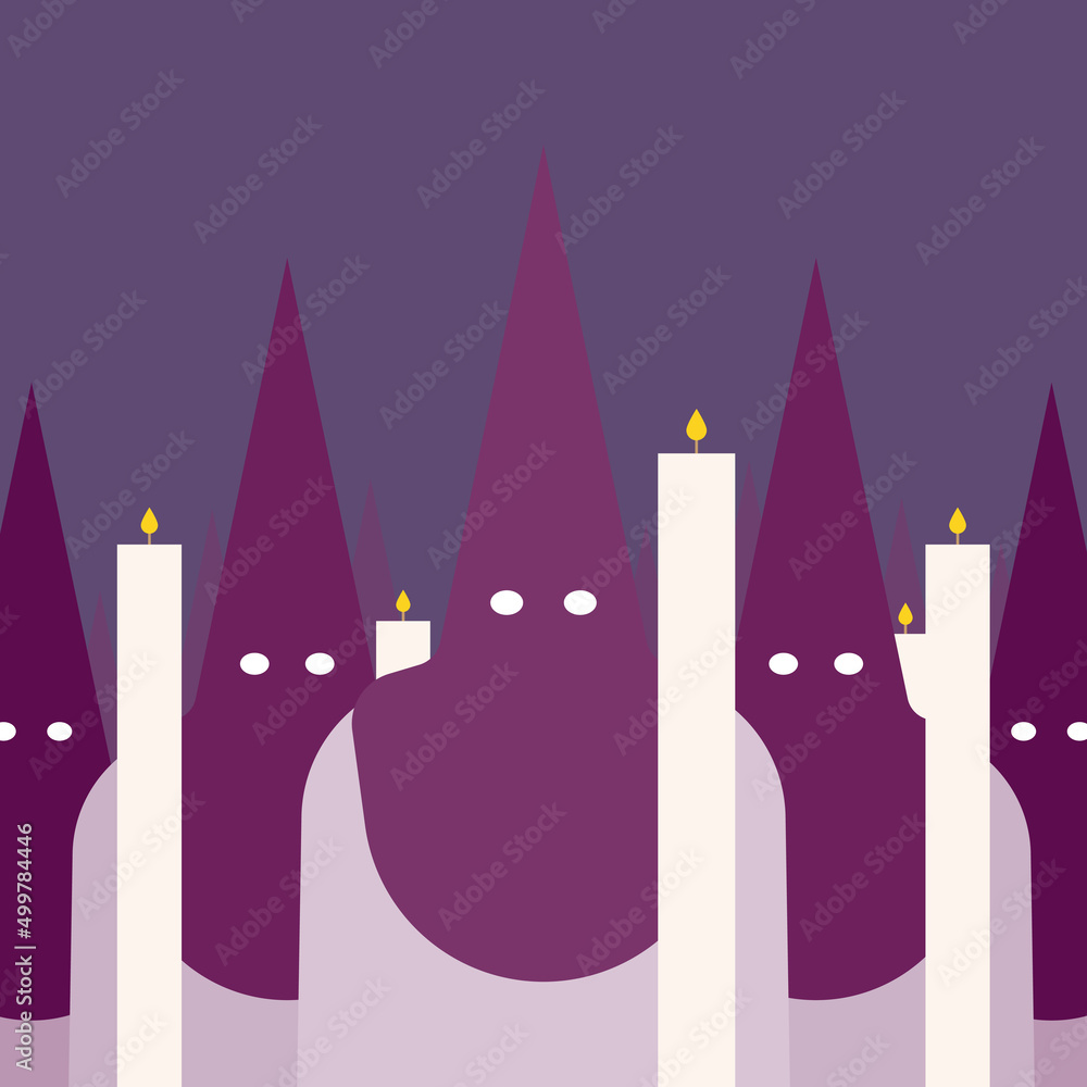 Group of people with a hood with conical tip, called in Spanish "capirote". Holy Week. Spanish