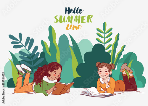 Cute little girls reading books in the garden. Nature landscape background. Summer holidays illustration. Vacation time