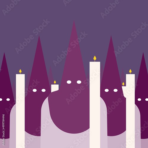Group of people with a hood with conical tip, called in Spanish "capirote". Holy Week. Spanish culture. Vector illustration, flat design