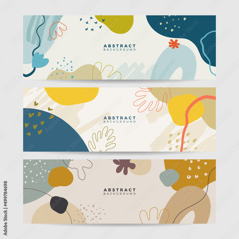 Set of earth tone colorful minimal organic floral leaves hand drawn abstract banner background in boho style.