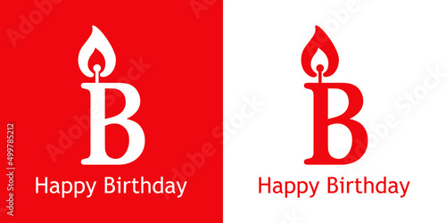 Logo con texto Happy Birthday con letra B con forma de vela en fondo rojo y fondo blanco