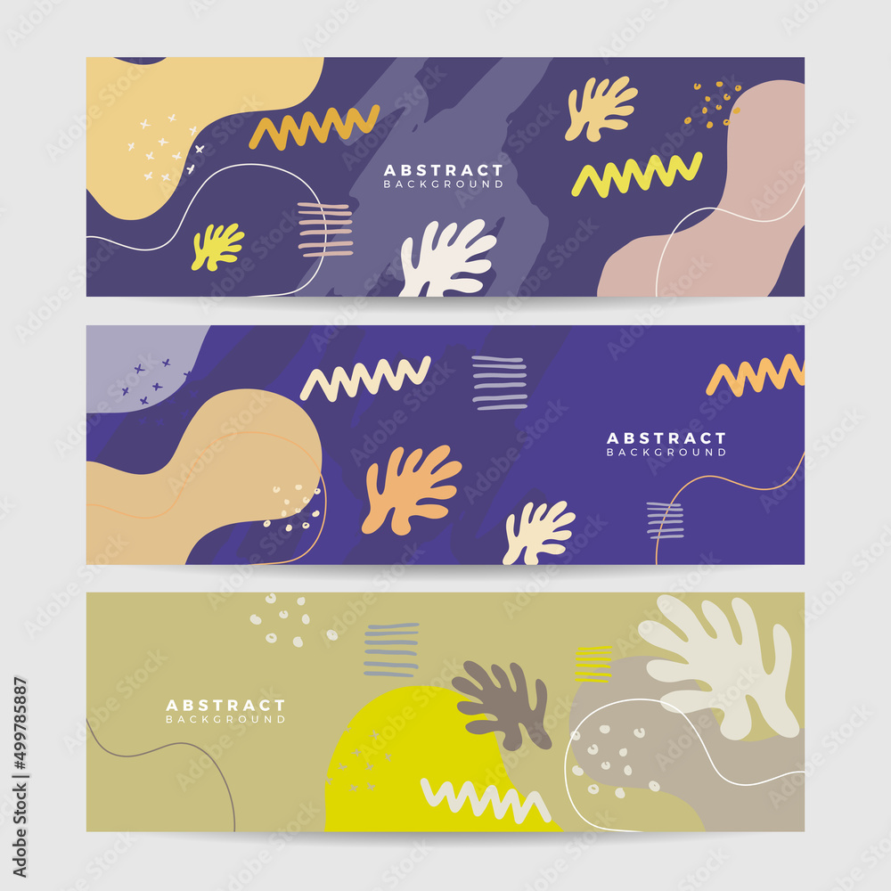 Beautiful pastel social media banner template with minimal abstract organic shapes composition in trendy contemporary collage style. Modern colorful vector hand drawn organic shapes and textures