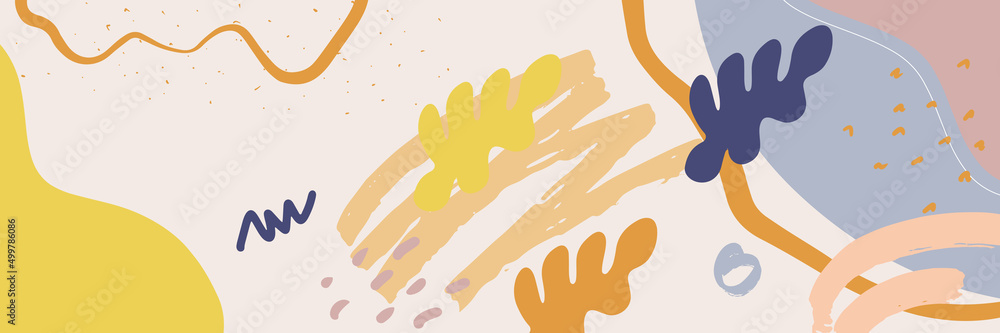 Obraz premium Beautiful pastel social media banner template with minimal abstract organic shapes composition in trendy contemporary collage style. Modern colorful vector hand drawn organic shapes and textures