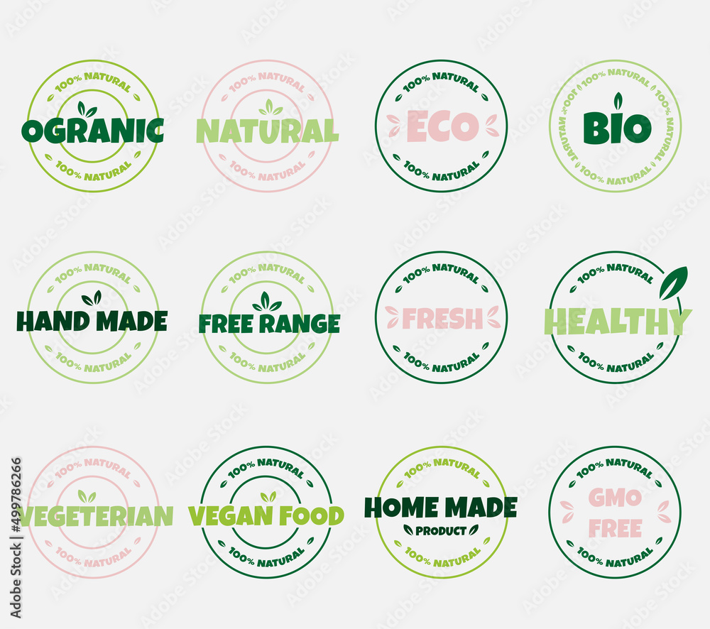 Obraz premium Eco, bio, organic and natural products sticker, label, badge and logo. Ecology icon. Logo template with green leaves for organic and eco friendly products. Vector illustration
