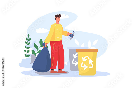 People collecting garbage concept in flat design. Man picking plastic bottles and other rubbish, sorts it and throws it into different bins for recycling. Vector illustration with people scene for web