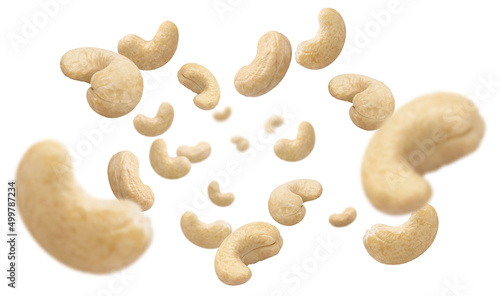 Flying cashew nuts, isolated on white background