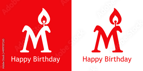 Logo con texto Happy Birthday con letra M con forma de vela en fondo rojo y fondo blanco