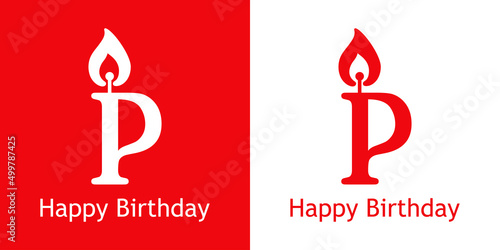 Logo con texto Happy Birthday con letra P con forma de vela en fondo rojo y fondo blanco