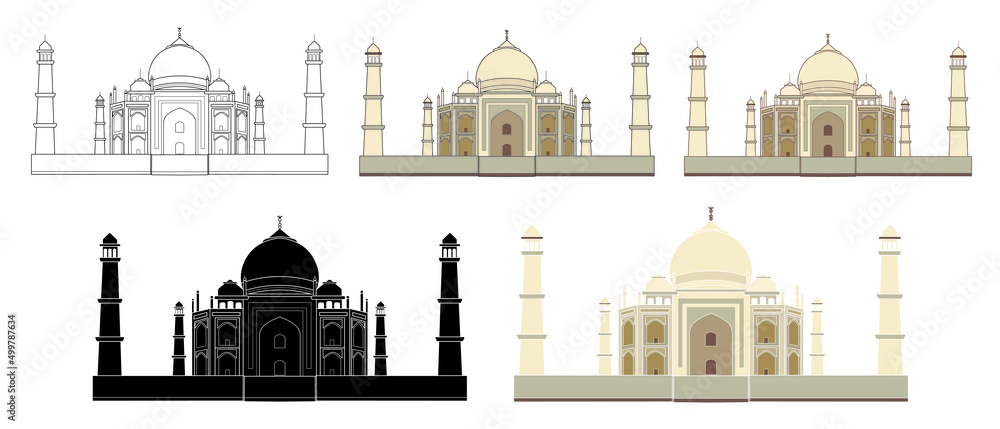 Set of Mausoleum of the Taj Mahal in Agra, India. Flat cartoon style, historical landmark, landmark, vector illustration.