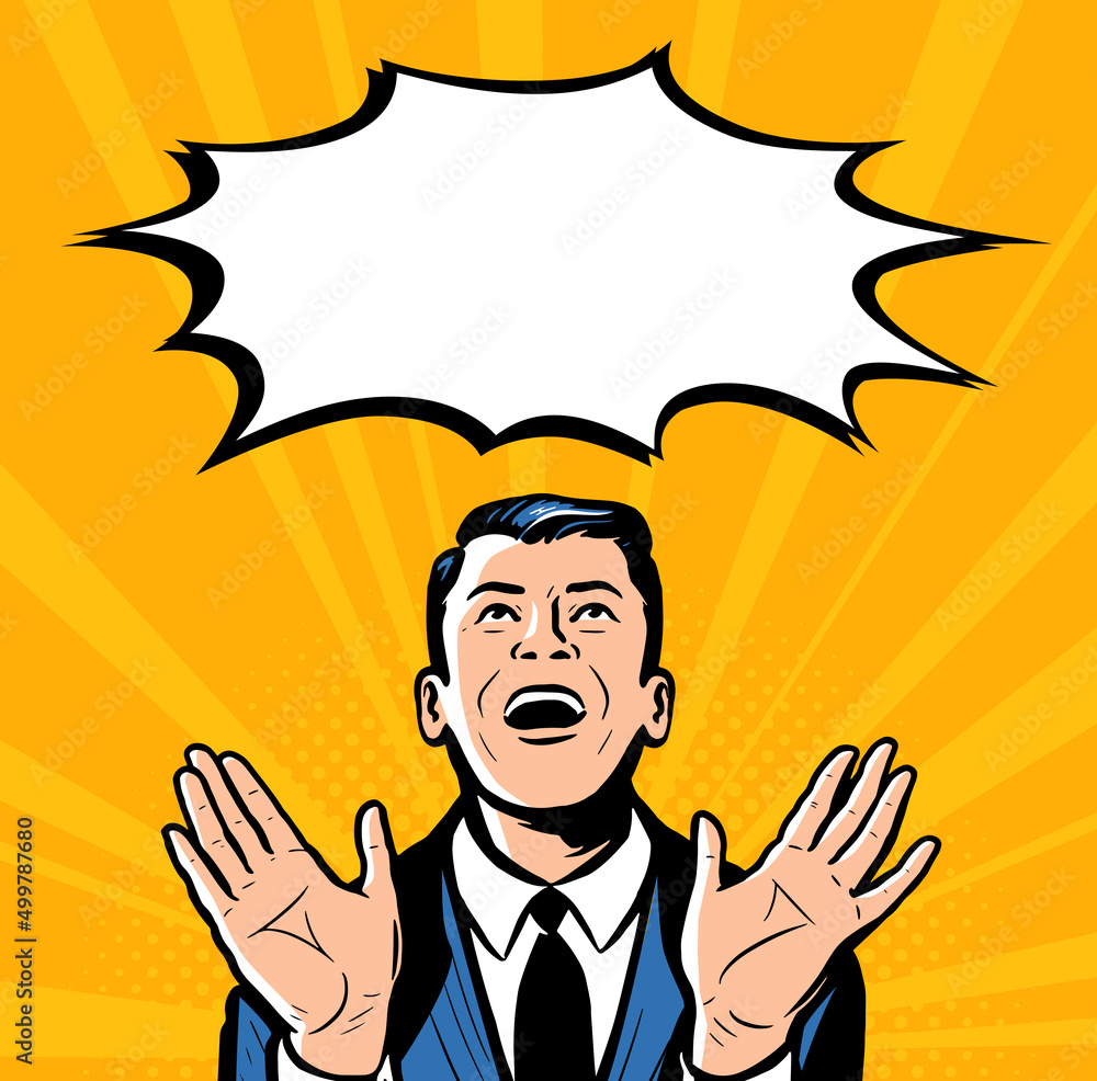 Surprised man with open mouth and speech bubble. Business concept. Vector colorful illustration in retro comic style Surprised man with open mouth and speech bubble. Business concept. Vector colorful illustration in retro comic style