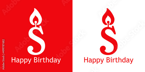 Logo con texto Happy Birthday con letra S con forma de vela en fondo rojo y fondo blanco