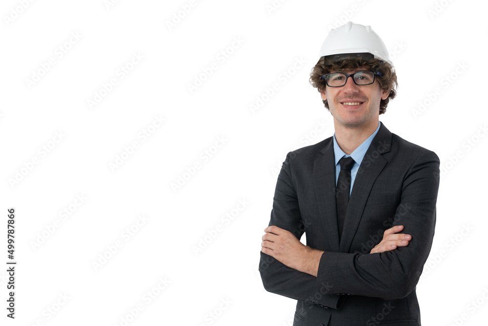 Portrait of Smiling young business man in black suit protective construction helmet with arms crossed isolated on white background. Portrait of Smiling young business man in black suit protective construction helmet with arms crossed isolated on white background.