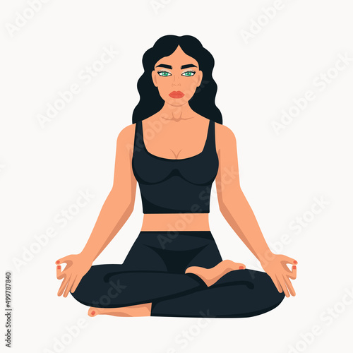 The dark-haired girl practices yoga. Lotus position. Can be used as a poster. Vector Illustration.