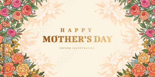 Mother's day poster or banner with hand drawn flowers on light background. Vector illustration