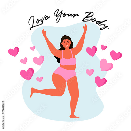 Love your body concept vector illustration. Cheerful big size woman wearing underwear with pink heart in flat design on white background.