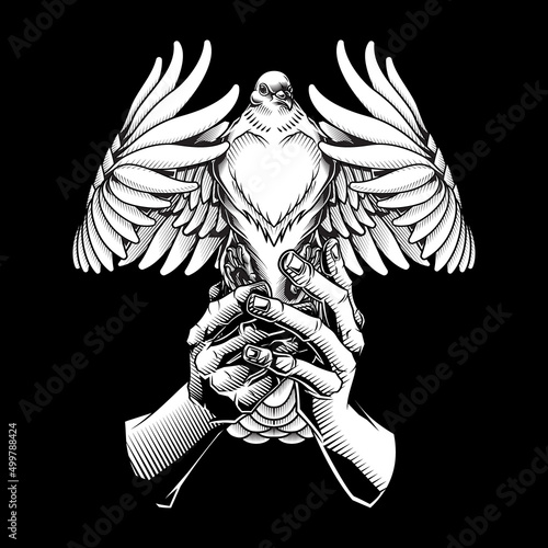 Holding peace. Vector illustration of human hands holding white flying pigeon in engraving technique isolated on white. 
