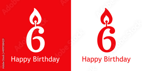 Logo con texto Happy Birthday con número 6 con forma de vela en fondo rojo y fondo blanco