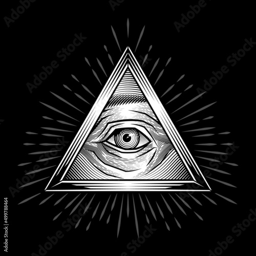 Eye of providence. Vector illustration of golden triangle pyramid with eye in engraving technique.
