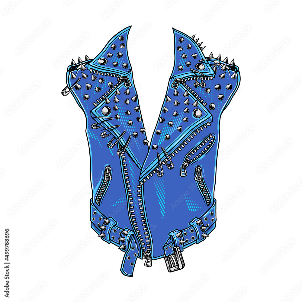 Spiked leather jacket template. Vector illustration in engraving