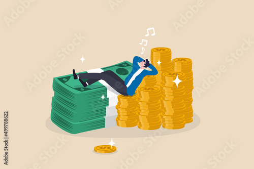 Rich man with his wealth, success businessman earn investment profit, FIRE, financial independence retire early concept, rich happy businessman lay down singing on pile of money coins and banknotes.