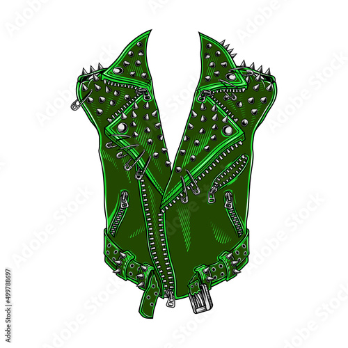 Spiked leather jacket template. Vector illustration in engraving technique of biker jacket with spikes and pins. Isolated on white.