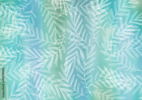 Watercolor provence winter Background. White tropical leaves on colorful green and blue gradient Background. Multicolor floral Backdrop