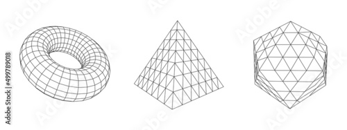 Set of wireframe torus, cone and octagon. Vector abstract geometric 3D objects. Technology block chain network connection.
