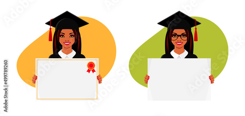 Graduate girl with diploma or education certificate template, happy young woman in academic cap and gown holding white paper blank poster. Vector colorful illustrations of smiling Indian women