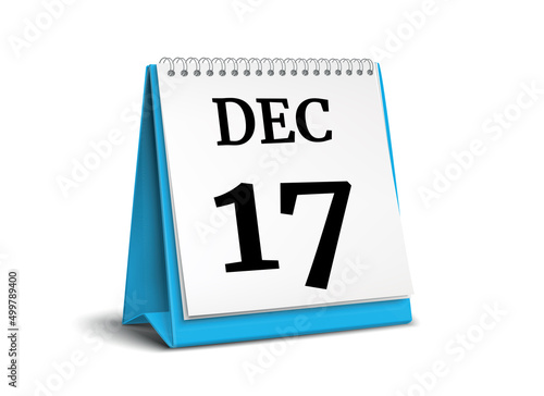 Calendar on white background. 17 December. 3D illustration.