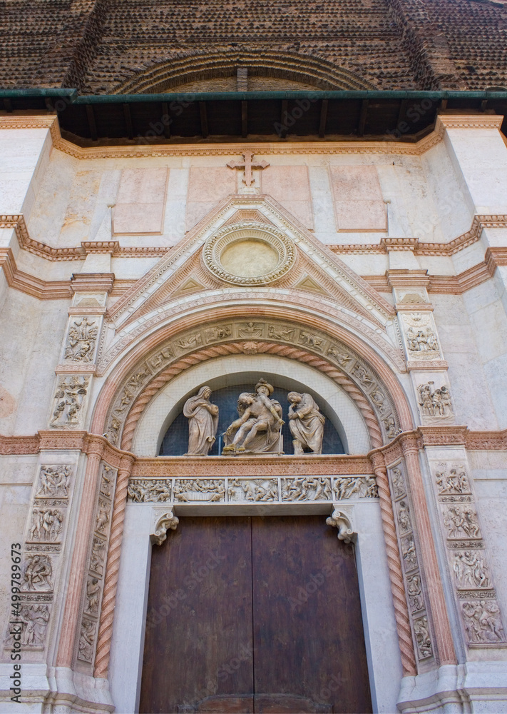 Rich decoration of Bologna Cathedral (Basilica di San Petronio) on Piazza Maggiore, Italy