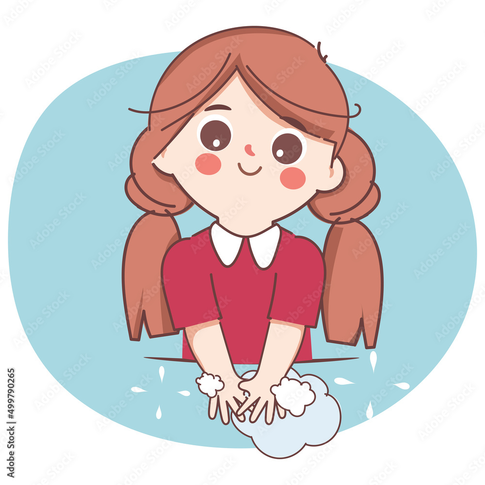 Cute woman cleansing hands with hand soap. Protection from virus covid-19. Cute cartoon character doodle style.