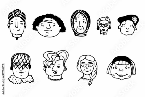 Doodle elderly woman faces set. Hand-drawn human isolated on white background. Funny grandma. Cartoon grandmother collection. Female portrait. Hairstyle, cheeks, positive emotions. Vector illustration