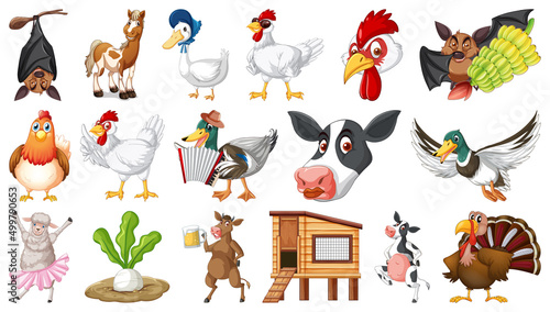 Many farm animals on white background