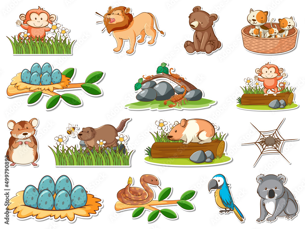 Obraz premium Sticker set of cartoon wild animals