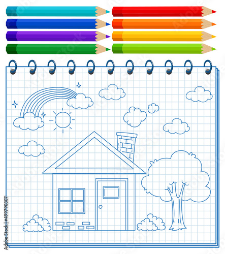 A notebook with a doodle sketch design and colour pencils