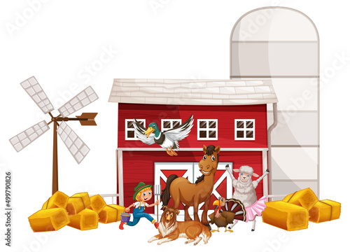 Many farm animals and farmer