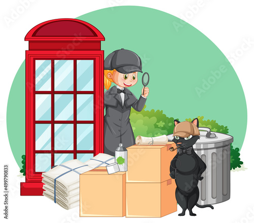 Detective looking for clues with magnifying glass on white background