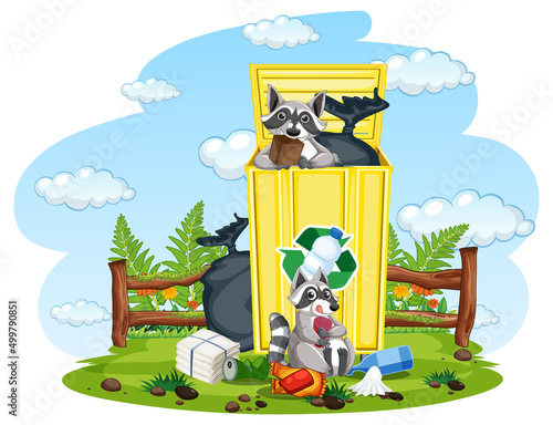 Scene with raccoons searching trash