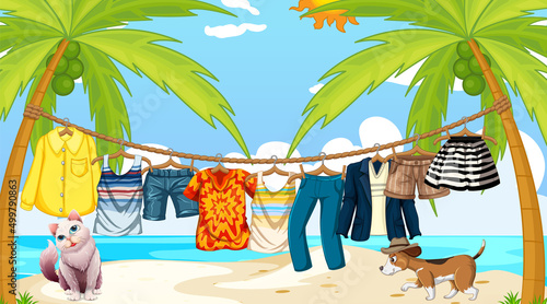 Set of different domestic animals on the beach scene