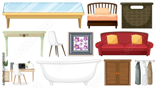 Furniture and household appliances on white background