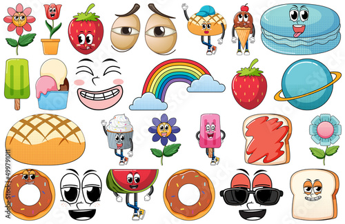 Set of facial expression with vintage style food cartoon on white background