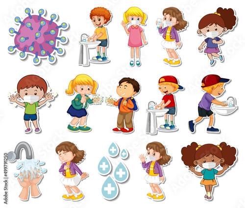 Sticker set of covid19 icons and cartoon characters