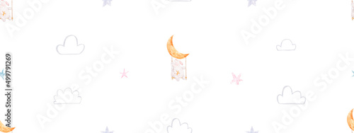 seamless pattern with a rabbit on a swing on the moon in clouds and stars, children's design, wallpaper