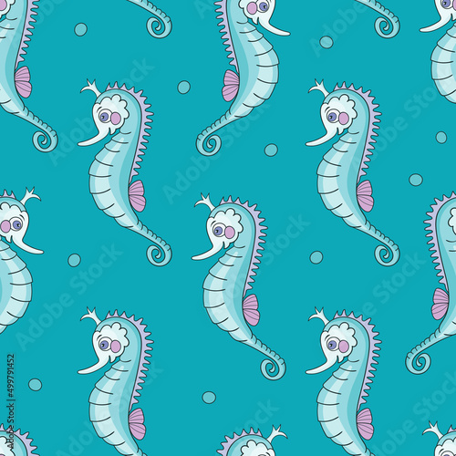 Sea horses on blue background. Nautical seamless pattern with fish. Vector illustration for children